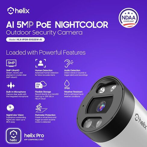 Helix 2PK 5MP Outdoor IP Security PoE Camera, Human Detection, NDAA Compliant, IP Surveillance Bullet, 2-Way Audio, Support 256GB MicroSD, 98ft Night Color Vision, Deterrent, 2PK-HLX-IP5M-B102EW-AI in Saudi Arabia