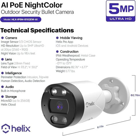 Helix 2PK 5MP Outdoor IP Security PoE Camera, Human Detection, NDAA Compliant, IP Surveillance Bullet, 2-Way Audio, Support 256GB MicroSD, 98ft Night Color Vision, Deterrent, 2PK-HLX-IP5M-B102EW-AI in Saudi Arabia
