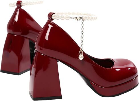 Women's Kawaii High Block Heel Mary Jane Rockabilly Pumps with Bow Lace Pearl Platform Chunky Heel Cute Sweet Shoes in Saudi Arabia