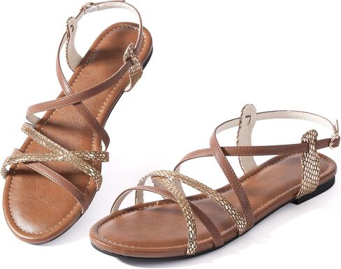 Mtzyoa Women's Strappy Flat Sandals Comfortable Cute Black Summer Shoes Glitter Casual Dressy in Kuwait
