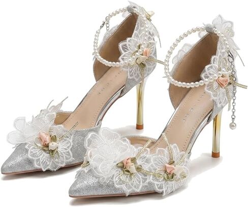 Loizziuy Women's Fairycore Wedding Shoes Silver Glitter Pointed Toe High Heels with Lace Flowers Pearl Ankle Strap 3" Pumps in Saudi Arabia