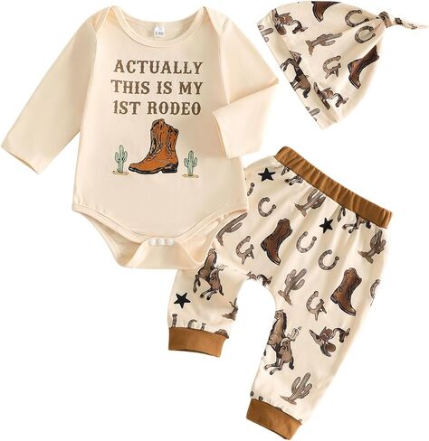 My First Rodeo Outfit Boy Western Baby Clothes 0-18M | Cow Print, Mommy and Me Outfits, Newborn Going Home Outfit, Baby Cowboy, Long Sleeve Bodysuit Jogger Pants Set Hat in Saudi Arabia