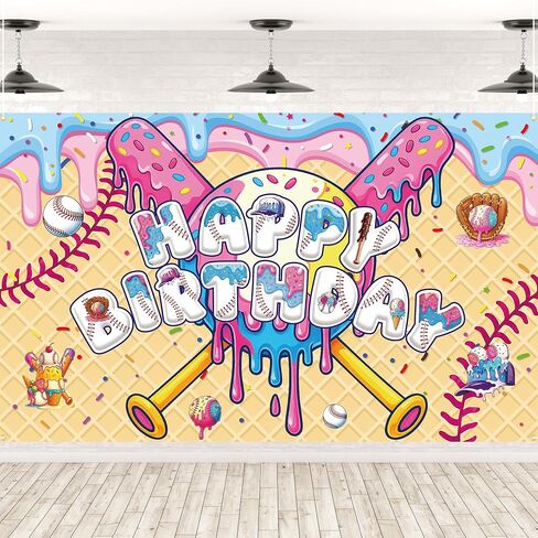 Ice Cream Drip Baseball Birthday Party Backdrop Large Birthday Baseball Ice Cream Photo Background Banner Sport Birthday for Teenager Holiday Home Wall Holiday Christmas Favor in Saudi Arabia