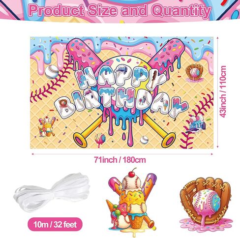 Ice Cream Drip Baseball Birthday Party Backdrop Large Birthday Baseball Ice Cream Photo Background Banner Sport Birthday for Teenager Holiday Home Wall Holiday Christmas Favor in Saudi Arabia