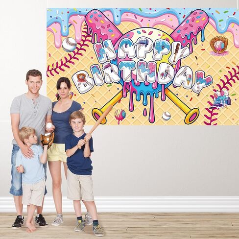 Ice Cream Drip Baseball Birthday Party Backdrop Large Birthday Baseball Ice Cream Photo Background Banner Sport Birthday for Teenager Holiday Home Wall Holiday Christmas Favor in Saudi Arabia
