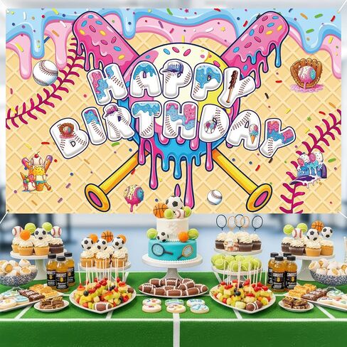 Ice Cream Drip Baseball Birthday Party Backdrop Large Birthday Baseball Ice Cream Photo Background Banner Sport Birthday for Teenager Holiday Home Wall Holiday Christmas Favor in Saudi Arabia