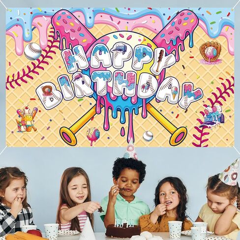 Ice Cream Drip Baseball Birthday Party Backdrop Large Birthday Baseball Ice Cream Photo Background Banner Sport Birthday for Teenager Holiday Home Wall Holiday Christmas Favor in Saudi Arabia
