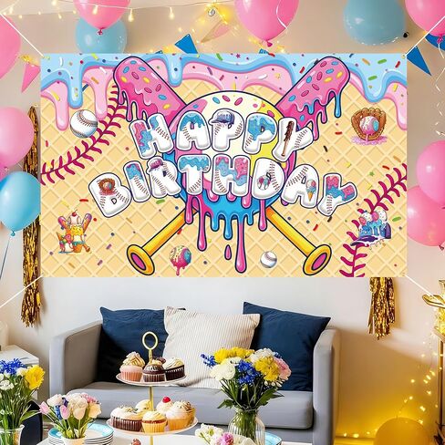 Ice Cream Drip Baseball Birthday Party Backdrop Large Birthday Baseball Ice Cream Photo Background Banner Sport Birthday for Teenager Holiday Home Wall Holiday Christmas Favor in Saudi Arabia