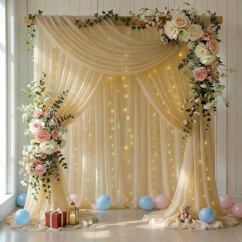 Pink Tulle Backdrop Curtain with String Lights, 2 Panels 5×8FT Sheer Wrinkle-Free Pink Backdrop Drapes for Wedding, Bridal Shower, Birthday, Baby Shower, Princess Party & Photo Booth Decorations in Saudi Arabia