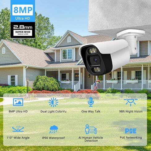 4K 8MP Bullet IP Security Camera with Mic, AI Detection | Full Color Night Vision, Full Metal Housing, IP66 Waterproof, One Way Talk, AI Human Vehicle Detection, 110° Wide Angle in Kuwait