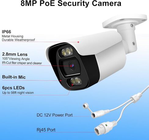 4K 8MP Bullet IP Security Camera with Mic, AI Detection | Full Color Night Vision, Full Metal Housing, IP66 Waterproof, One Way Talk, AI Human Vehicle Detection, 110° Wide Angle in Kuwait