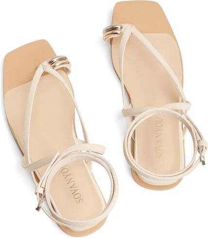 صنادل SOVANYOU النسائية ذات الأشرطة، صنادل صيفية مسطحة أنيقة مع حزام كاحل متقاطع مفتوح من الأمام، أحذية شاطئ لطيفة لقضاء العطلات in Kuwait