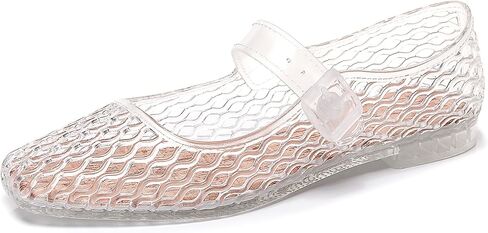 Women Clear Jelly Flats Sandals Mary Jane Transparent Mesh Ballet Flat Square Toe Hollow Adjustable Buckle Strap Beach Pool Waterproof Quick Dry Summer Shoes in Kuwait