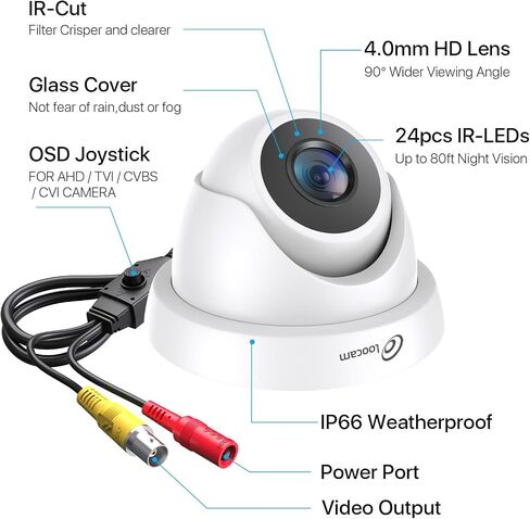 Loocam Security Camera 1080p, Hybrid 4-in-1 CVI/TVI/AHD/CVBS Wired Camera | HD 1920TVL Dome Wired Cameras, 80ft IR Night Vision, IP66 Weatherproof, 24/7 Recording, Suitable for Loocam DVR Camera Sysrem in Saudi Arabia