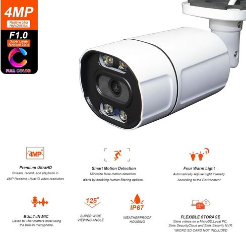 SINIS 4MP PoE Security IP Camera, Color-Vu Full Color Bullet Camera Outdoor | Use Alone or With NVR,True Color Night Vision,F1.0 Super Aperture,Human Motion Detect,Built-in Mic,Up to 512G SD,Metal,IP67 in Kuwait