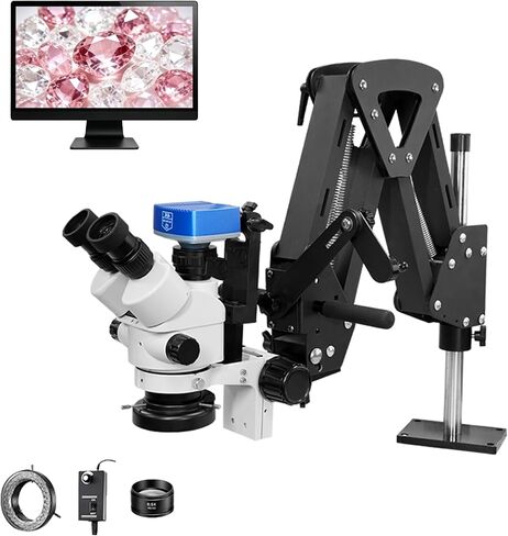 DZQ Jewelry Trinocular Microscope with Camera, 7X-45X Magnification | Multi-Directional Stand 0.5X Barlow Lens Camera Eyepiece, 60 Ring Light Illuminator, Jewelers Microscope for Engraving Making in Saudi Arabia