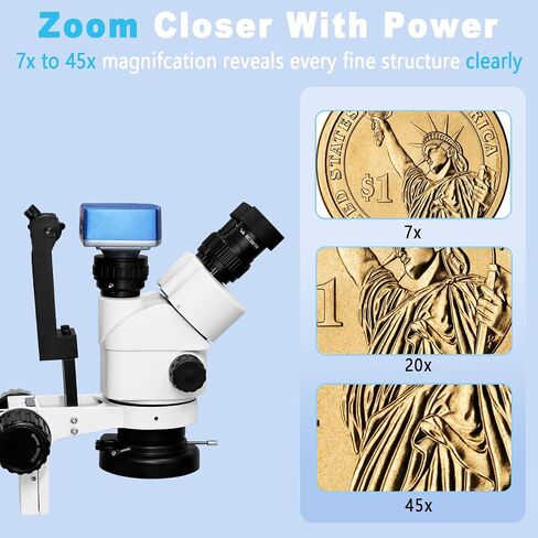 DZQ Jewelry Trinocular Microscope with Camera, 7X-45X Magnification | Multi-Directional Stand 0.5X Barlow Lens Camera Eyepiece, 60 Ring Light Illuminator, Jewelers Microscope for Engraving Making in Saudi Arabia
