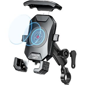 Anti-Theft Motorcycle Wireless Phone Mount Charger 15W /USB C 5V 3A Handlebar Stem Phone Holder with 1" Balls Waterproof Switch 360 Rotation for 4.0-7.0 Inch Phones