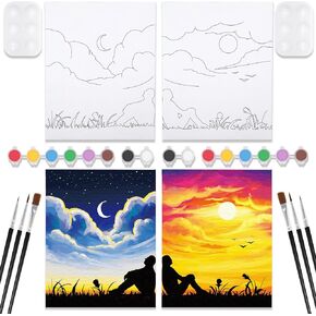 Nuberlic Date Night Painting Kit for Couples Pre Drawn Canvas to Paint for Adult Cherry blossom Stretched Canvas Sip and Paint Kit for Adults Party Supplies Valentine's Day 2 Pack 8" x 10"