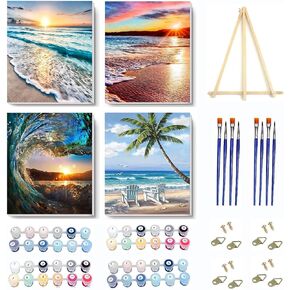 4 Pack Paint by Numbers Kit for Adults Framed Canvas - with Wooden Easel,Adults' Paint-by-Number Kits Beach Sunset Leisure Chair DIY Acrylic Landscape Oil Painting Kits Arts Crafts 7.8x11.8inch
