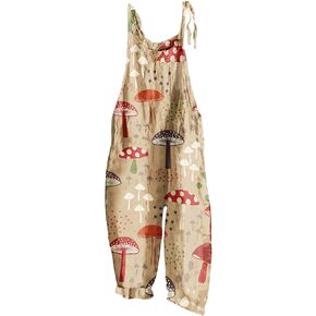 Basysin Summer Jumpsuits for Women Cute Cartoon Mushroom Printed Vintage Overalls Plus Size Casual Spaghetti Strap Jumpsuit