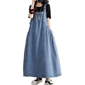 Denim Jumper Dress with Deep Pockets Maxi Length Loose Version Baggy Style Adjustable Straps Overall Dress