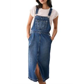 PLNOTME Womens Denim Overall Dress Casual Summer Adjustable Straps Front Split Jean Overall Midi Dress