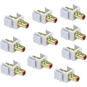 RCA Keystone Jack – White RCA Keystone Jack for Keystone Wall Plate, Female to Female, Gold with White Center, for Home Theater Audio Wall Plates – (10-Pack)
