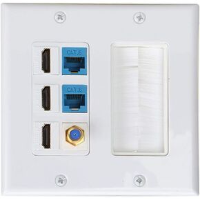 Phizli Brush Wall Plate 2gang, 3 HDMI Keystone Cat 6 Keystone Coax Cable TV F Type Wall Plate Female-Female Combination Faceplate