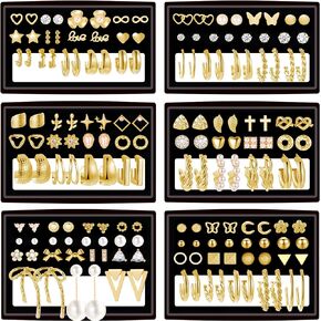 82 Pairs Gold Earrings for Women Trendy, Pearl Bow Small Hoop Stud Earrings Pack, Hypoallergenic Earring Set Multiple Piercing for Birthday Party Gift