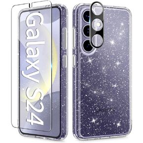 TIESZEN 3 in 1 for Samsung Galaxy S24 Case Glitter, [Non-Yellowing] with Screen Protector + Camera Lens Protector, Clear Sparkle Slim Hard Shockproof Galaxy S24 Phone Case for Women 6.2", Shiny Clear