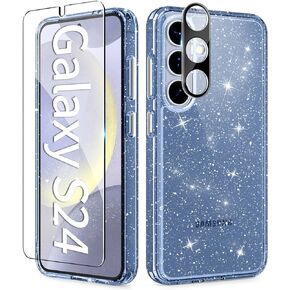 حافظة TIESZEN 3 في 1 لهاتف Samsung Galaxy S24 لامعة، [غير صفراء] مع واقي شاشة + واقي عدسة الكاميرا، حافظة هاتف Galaxy S24 صلبة مقاومة للصدمات للنساء مقاس 6.2 بوصة، شفافة لامعة