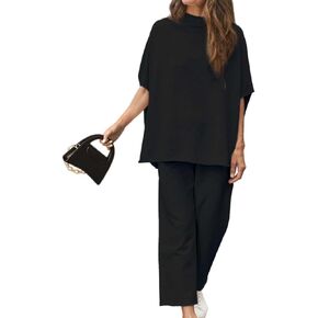 Women's Two Piece Outfits Batwing Short Sleeve Mock Neck Capelet Pullover Top Wide Leg Pants Lounge Sets Tracksuits