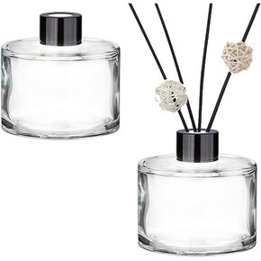 ASTRQLE Set of 2 Round Glass Diffuser Bottles with Black Caps Diffuser Jars Empty Refillable Glass Fragrance Reed Diffuser Bottles Fragrance Accessories Use for DIY Replacement Reed Diffuser Set