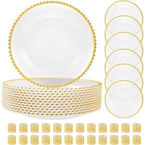 18PCS White Charger Plates Set, 6 Acrylic Plate Chargers Bulk and 12 Napkin Rings, 13-Inch White Dinner Charger with Gold Beaded Rim, Tabletop Decorations for Wedding, Dinner, Party