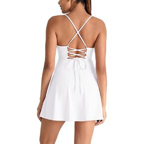 IFFEI Women's Spaghetti Straps Tennis Dress with Shorts and Pocket Open Back Lace Up Athletic Workout Dresses
