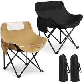 2 Pack Compact Camping Chair Portable Folding Chairs for Outside with Carry Bag Lightweight Moon Chairs for Travel Picnic Hiking Beach Fishing, 600D Oxford, Supports 330lbs (Blue, Black)