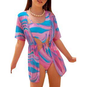 WDIRARA Girl's Swimwear Cut Out Marble Print Asymmetrical Swimsuit One Piece Bathing Suit with Cover Up