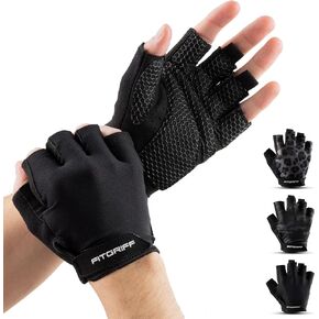 Fitgriff Workout Gloves (Padded) for Men & Women - Fingerless Gym Gloves for Weight Lifting, Pull-ups, Pushups, Training - Full Palm Protection (Black, Size 8)
