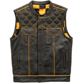 First Mfg Co - Gold Checker - Men's Motorcycle Biker Riding Black Leather Vest