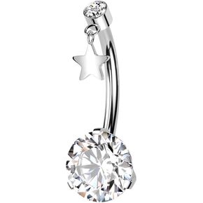 Pierced Owl 14GA ASTM F-136 Implant Grade Titanium Threadless Push-In CZ Crystal with Dangling Star Belly Button Ring