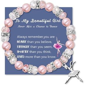 LINY Dancing Girls Shiny Ballerina Bracelet Pink Pearl and Rhinestone Dance Bracelets for Dance Lover Team Dance Recital Gifts for Teen Girls Ballerina Gift for Little Girls