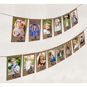 2024 Graduation Decorations - K-12 Burlap Graduation Photo Banner - Pre-Strung Rustic Milestone 5x7 Picture Display for Pre-K to High School Celebrations SP006