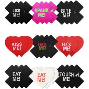 CICKEE Pasties Sexy Nipple Covers Pack Fun Pasty Pack for Rave Party Goth Lingerie for Men Women Heart X Breast Petals in Red Black with Words