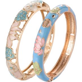 UJOY Cloisonne Bracelet Lotus Flower Gold Plated Cuff Bangle Enameled Jewelry Bracelets Gift for Women Pack in Case 88B16
