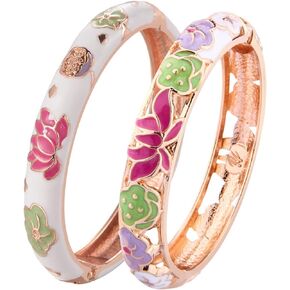 UJOY Cloisonne Bracelet Lotus Flower Gold Plated Cuff Bangle Enameled Jewelry Bracelets Gift for Women Pack in Case 88B16