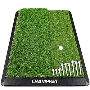 CHAMPKEY Dual-Turf Golf Hitting Mat | Come with 9 Golf Tees & 1 Rubber Tee | Heavy Duty Rubber Backing Golf Practice Mat Ideal for Indoor & Outdoor Training