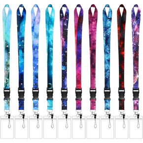 Clabby 10 Pack Lanyard for Key with 10 Clear ID Badge Holders Starry Sky Galaxy Lanyard Phone Strap with Spring Clip for Women Kids Neck Space Lanyard Men Name Lanyard Name Tag Holders (Vivid)