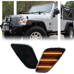 2 IN 1 Front Corner Turn Signal Parking Lights for 1997-2006 Jeep Wrangler TJ, Smoked Lens Daytime Running Lamp, 55155629AC, 55155628AC