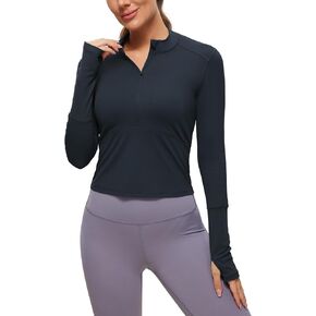 CRZ YOGA Women's Long Sleeve Crop Top Quick Dry Cropped Workout Shirts Half Zip Pullover Running Athletic Shirt True Navy Medium